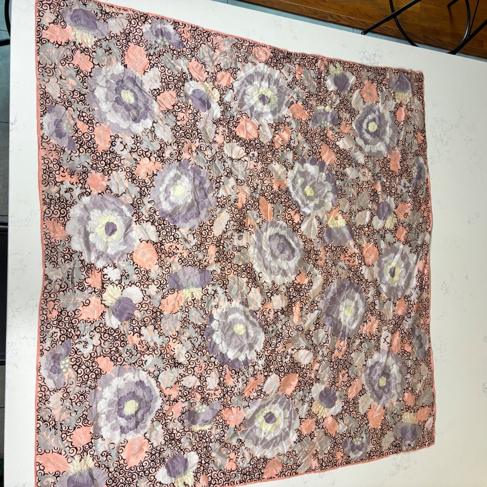 Vtg Oscar de la Renta Scarf Peach Purple Japanese Silk Floral Designer Cottage